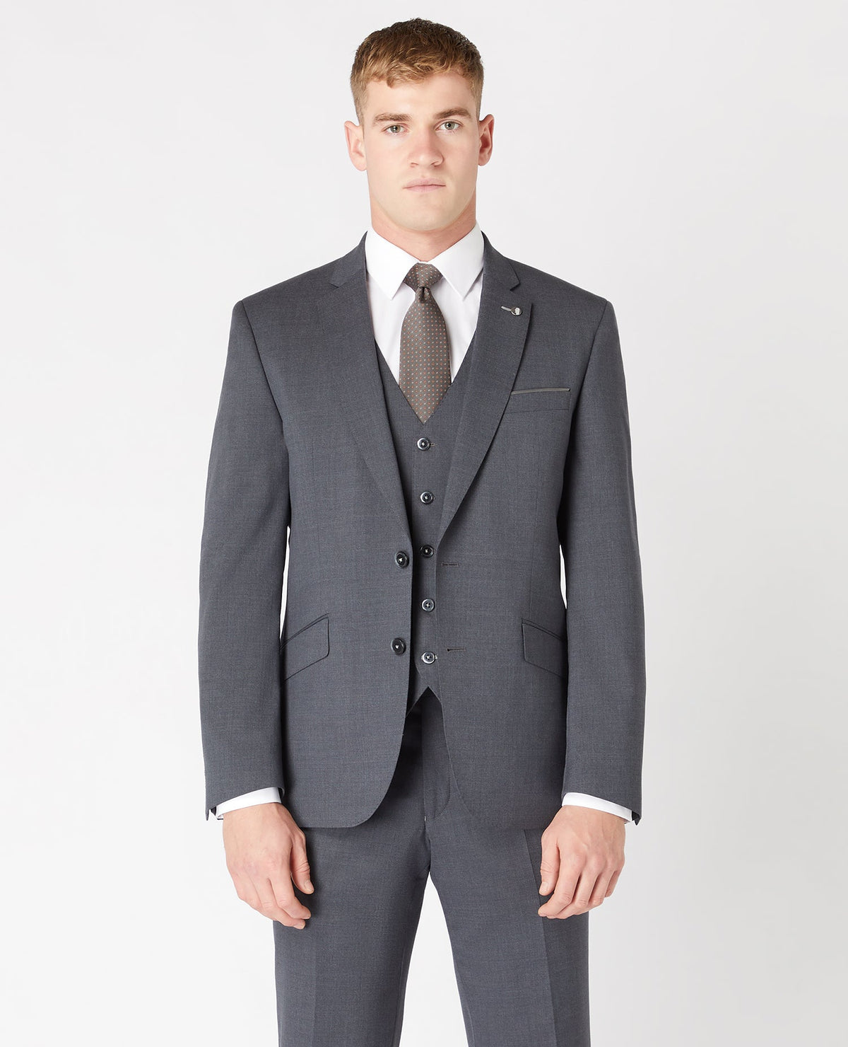 Man wearing a grey Tapered Fit Wool-Blend Mix and Match Suit