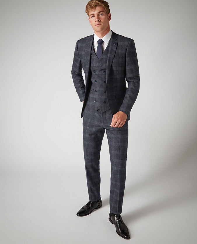 Man wearing a grey X-Slim Fit Checked Wool-Blend Stretch Mix and Match Suit
