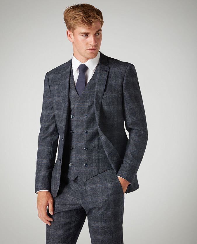 Man wearing a grey X-Slim Fit Checked Wool-Blend Stretch Mix and Match Suit