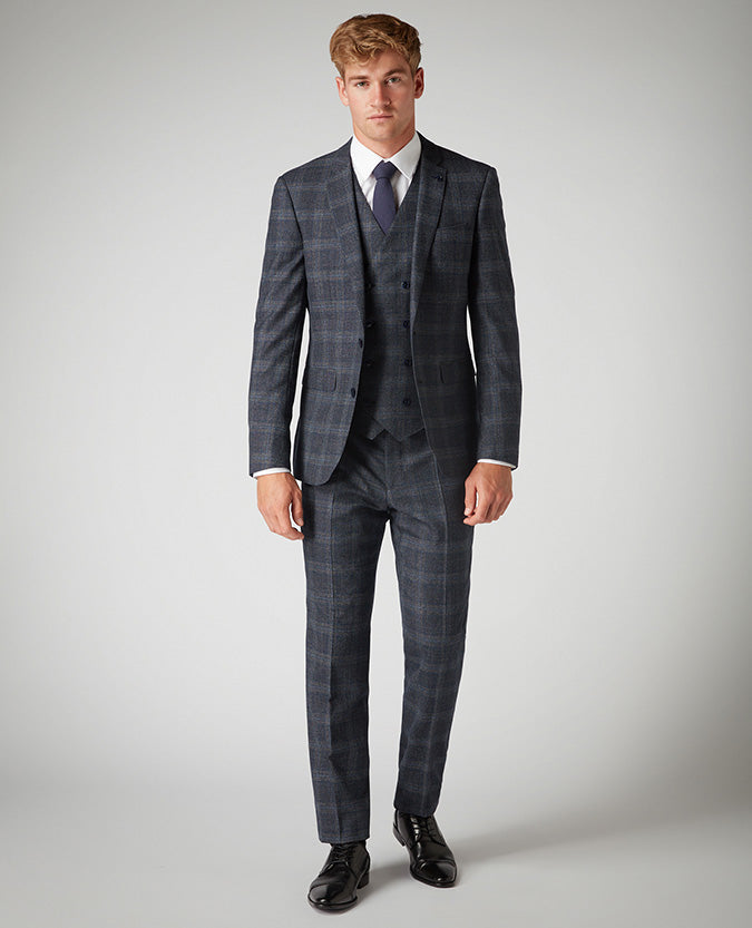 Man wearing a grey X-Slim Fit Checked Wool-Blend Stretch Mix and Match Suit