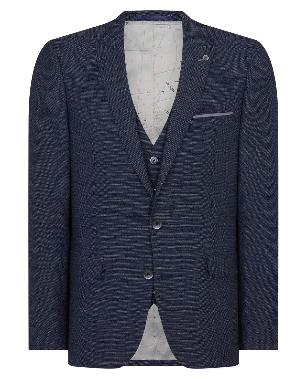 Man wearing a blue Tapered Fit Wool-Rich Stretch Mix and Match Suit Jacket