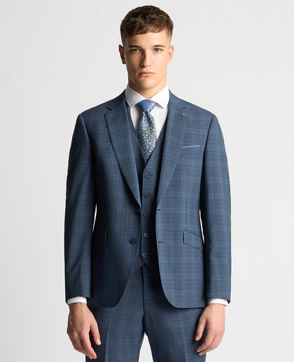 Man wearing a blue Tapered Fit Checked Wool Blend Mix and Match Suit