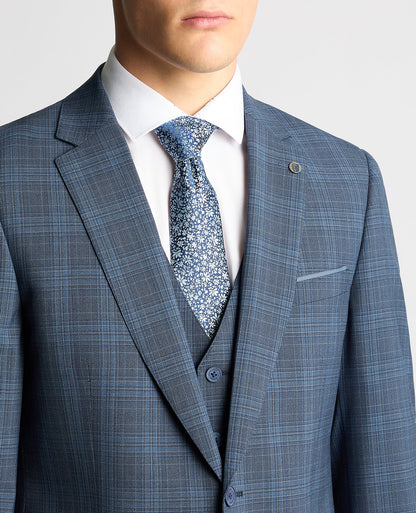 Man wearing a blue Tapered Fit Checked Wool Blend Mix and Match Suit
