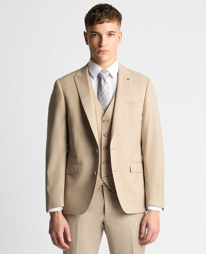 Man wearing a sand Tapered Fit Wool-Stretch Mix and Match Suit Jacket