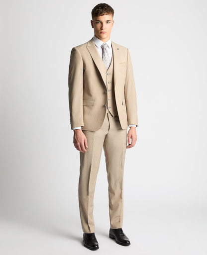 Man wearing a sand Tapered Fit Wool-Stretch Mix and Match Suit Jacket