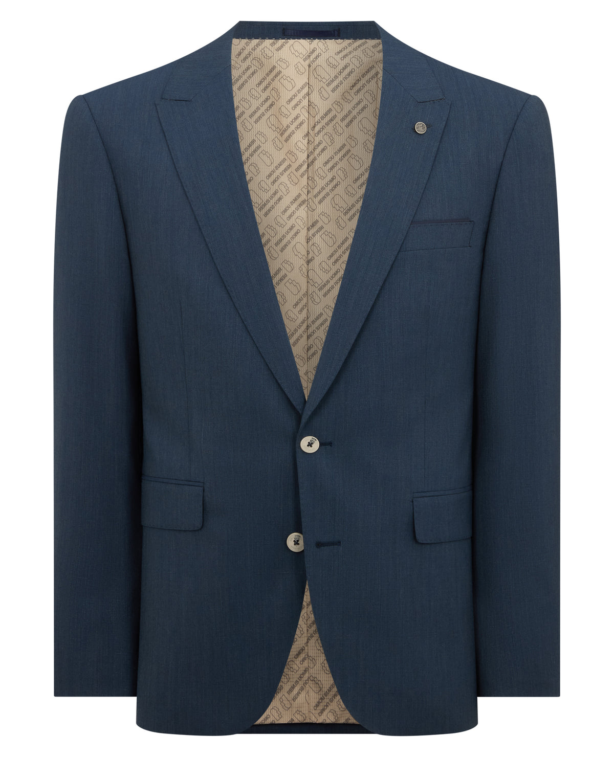 Man wearing a blue Tapered Fit Wool-Stretch Mix and Match Suit Jacket