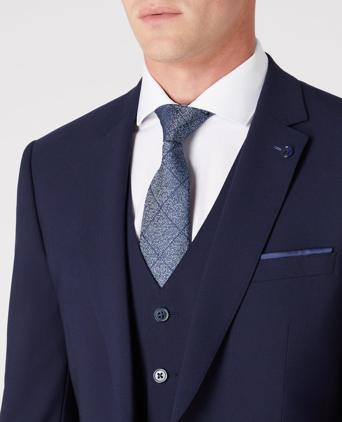 Man wearing a navy Tapered Fit Wool-Rich Stretch Mix and Match