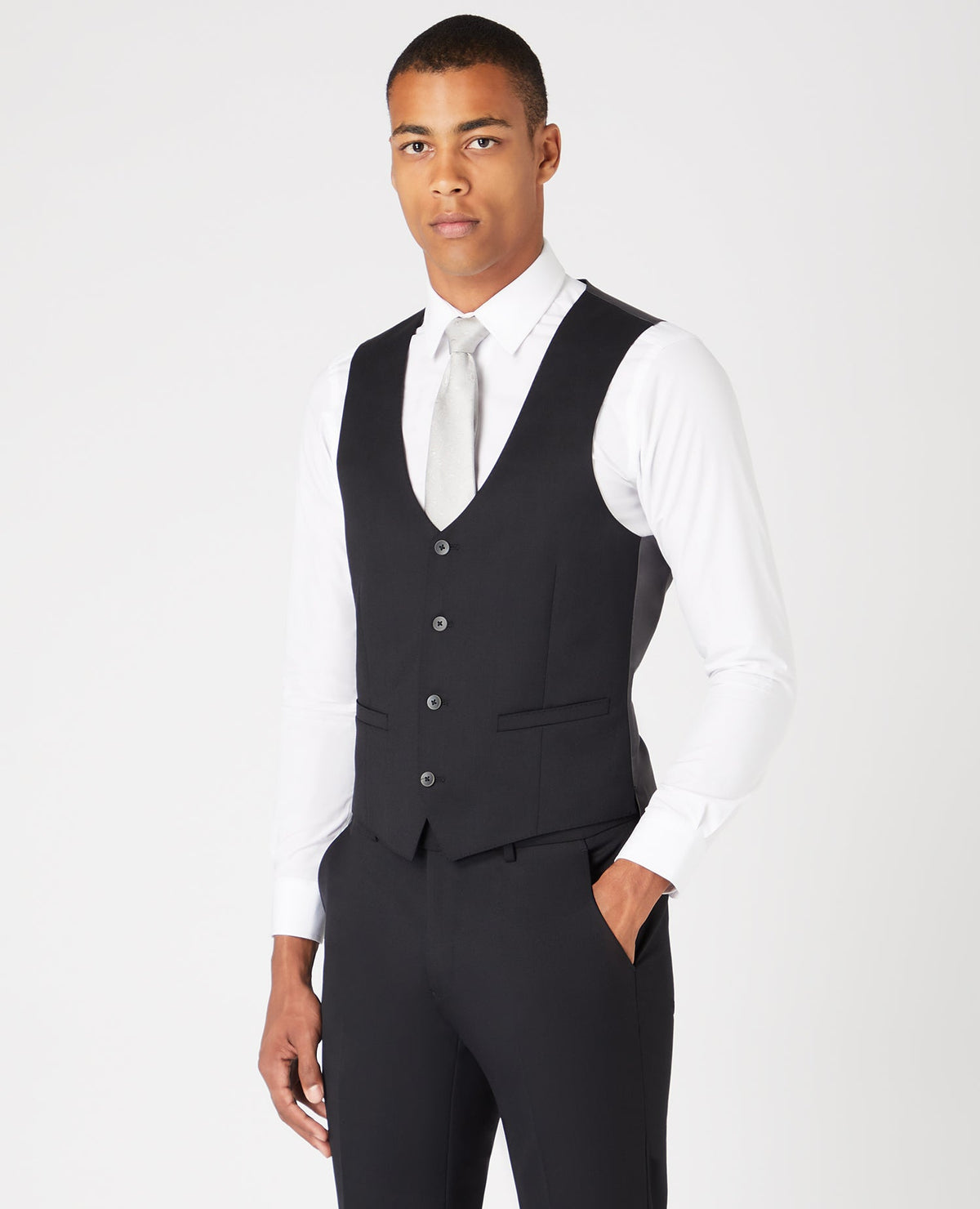 Man wearing a black Slim Fit Wool-Blend Stretch Mix and Match Waistcoat