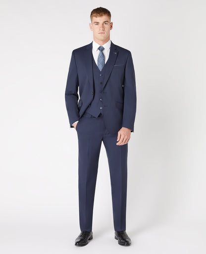 Man wearing a navy Tapered Fit Wool-Blend Stretch Mix and Match Waistcoat
