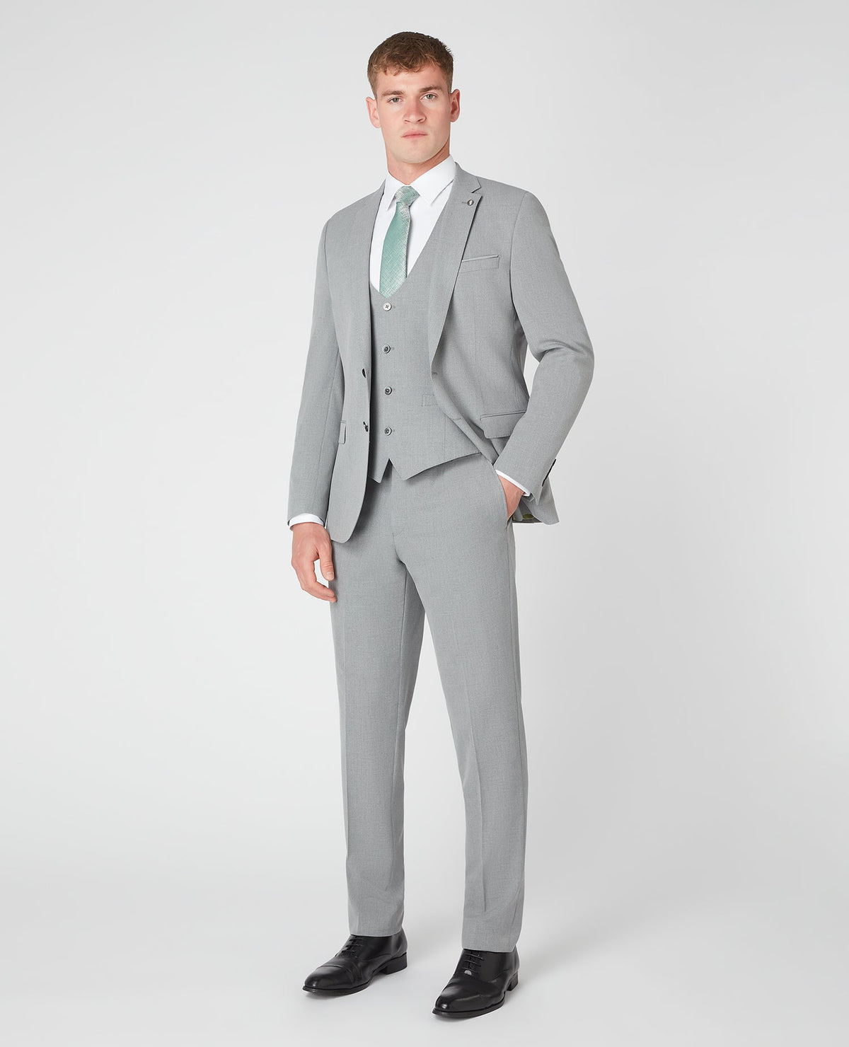 Man wearing a grey Slim Fit Stretch Waistcoat