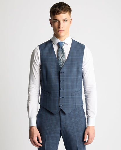 Man wearing a blue Tapered Fit Checked Wool Bend Waistcoat