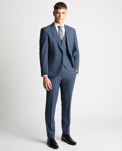 Man wearing a blue Tapered Fit Checked Wool Bend Waistcoat