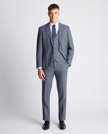 Man wearing a blue Tapered fit wool blend mix and match suit waistcoat
