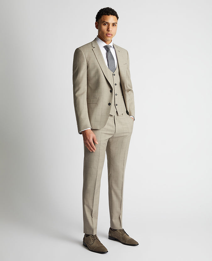 Man wearing a sand Slim Fit Wool Rich Mix and Match Suit Waistcoat