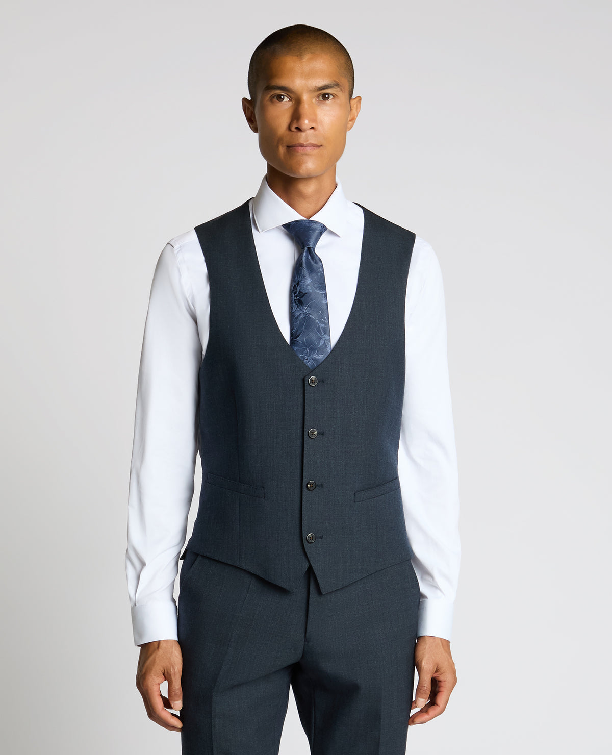 Man wearing a blue Wool Blend Waistcoat