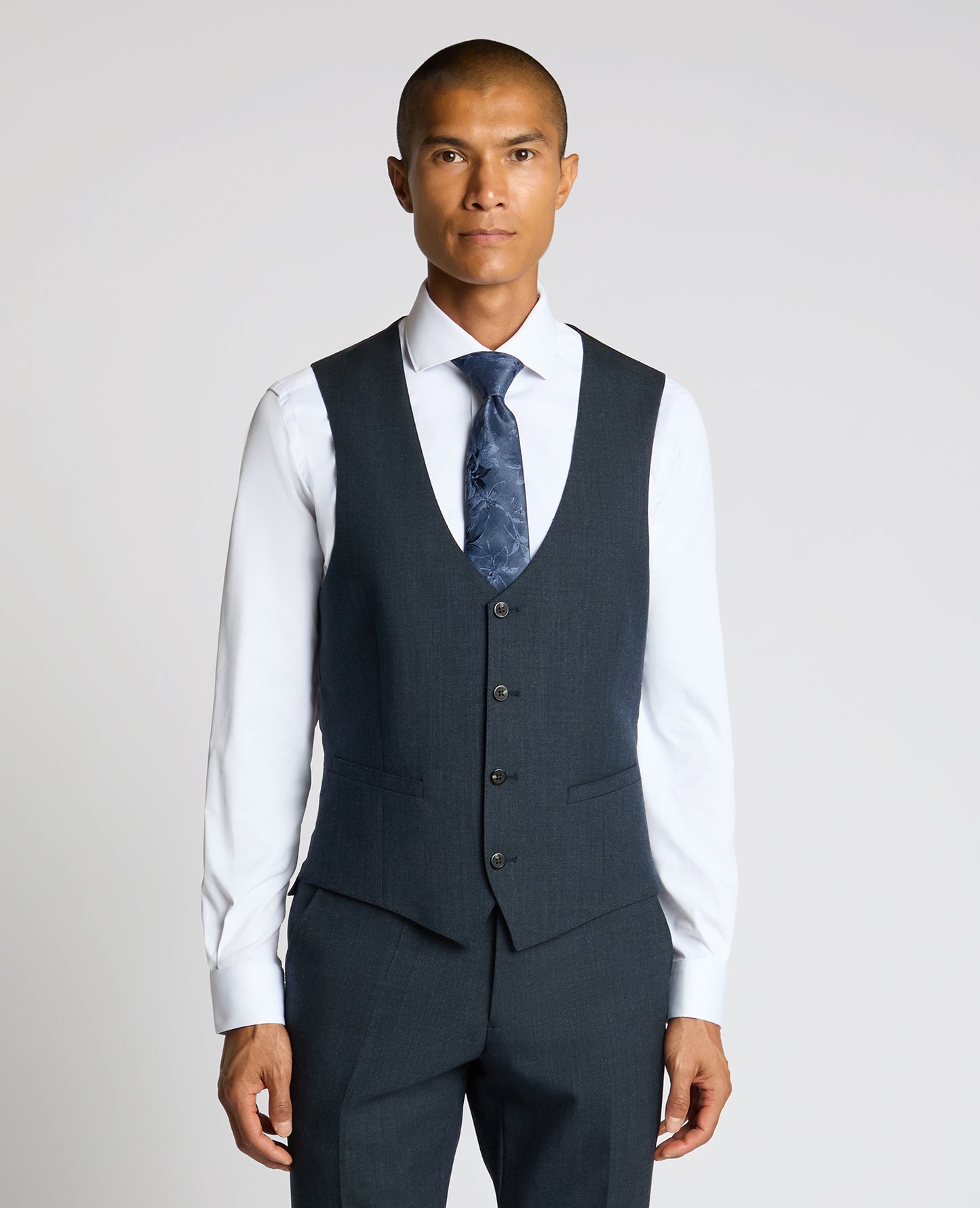 Man wearing a blue Wool Blend Waistcoat