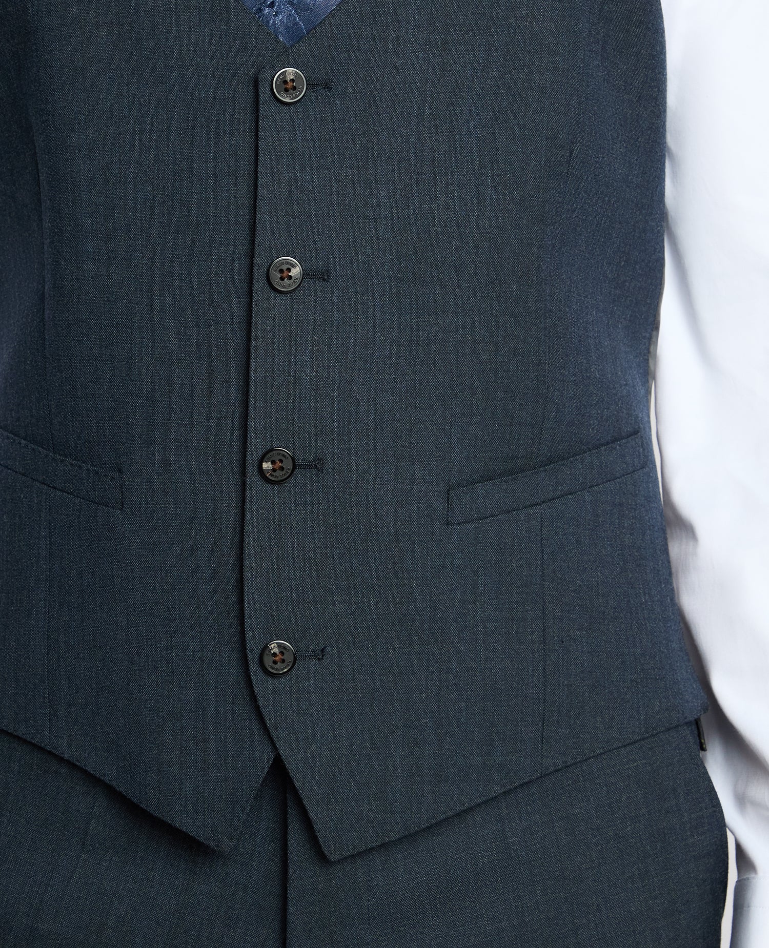 Man wearing a blue Wool Blend Waistcoat