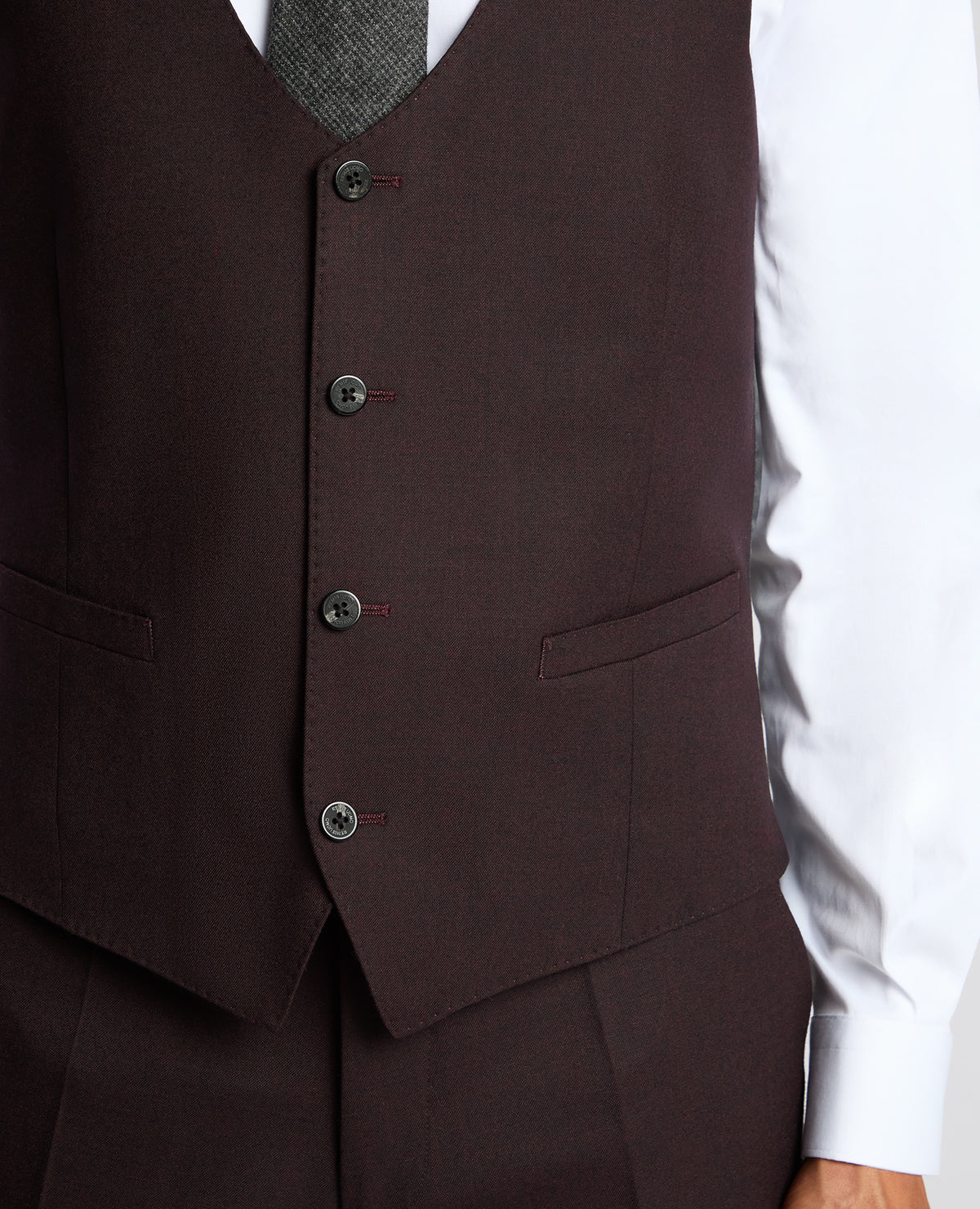 Man wearing a red Wool Blend Waistcoat