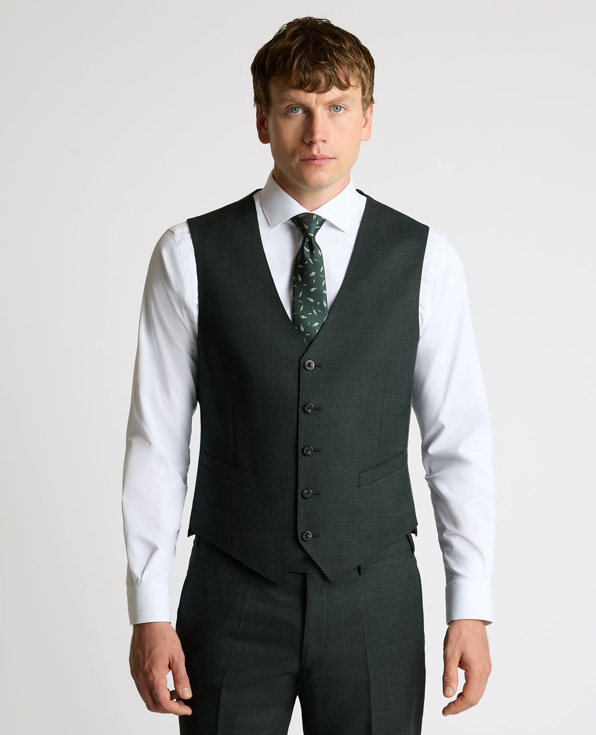 Man wearing a green Wool Stretch Waistcoat