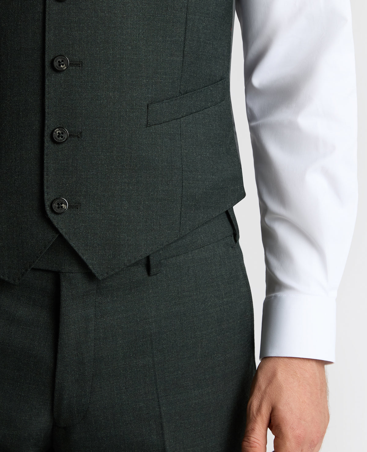 Man wearing a green Wool Stretch Waistcoat
