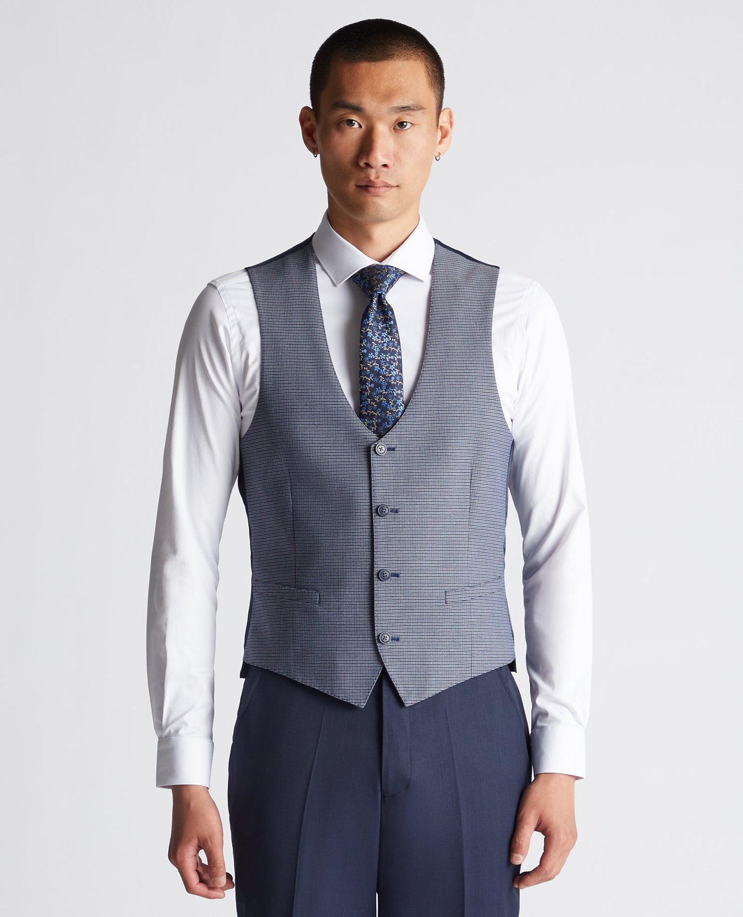 Man wearing a blue Slim Fit Stretch Waistcoat
