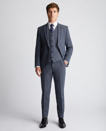 Man wearing a blue Slim Fit Checked Stretch Waistcoat