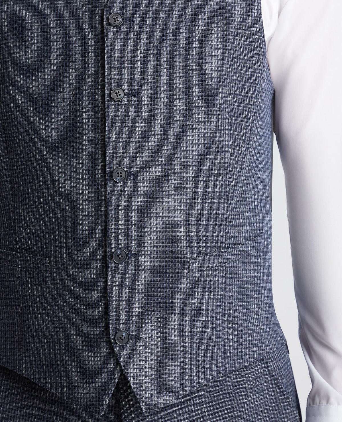 Man wearing a blue Slim Fit Checked Stretch Waistcoat