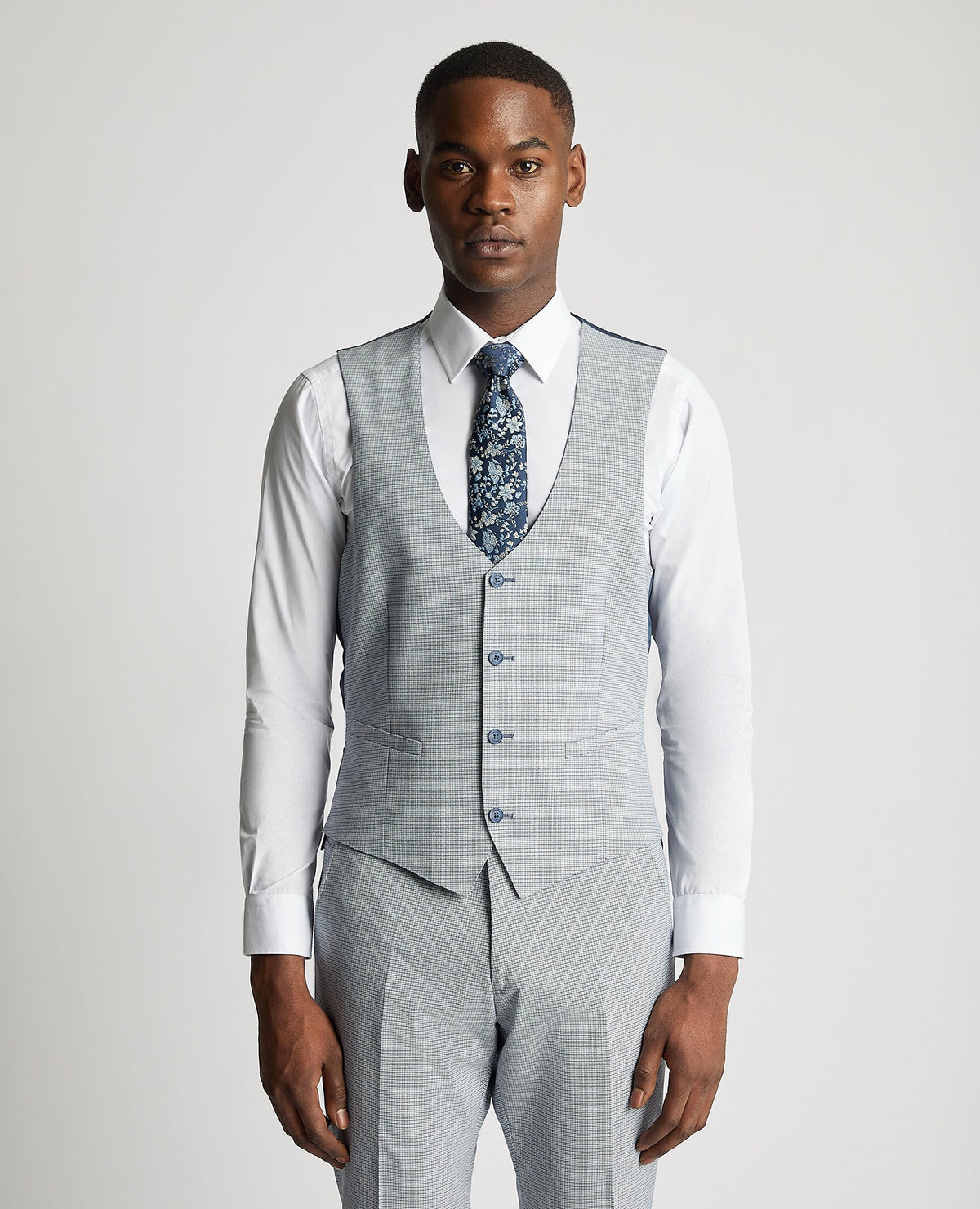 Man wearing a blue Slim Fit Stretch Waistcoat
