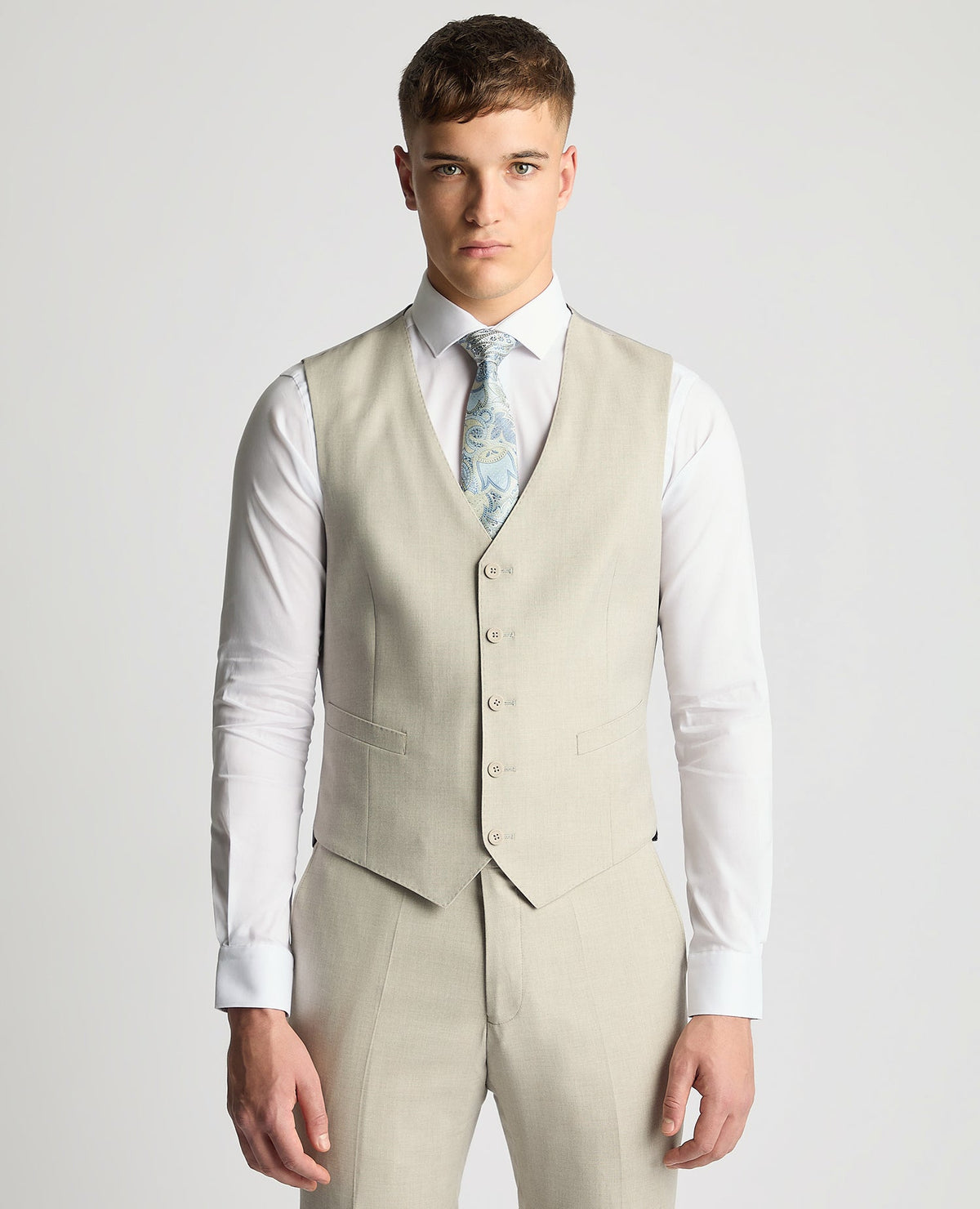 Man wearing a sand Tapered Fit Waistcoat
