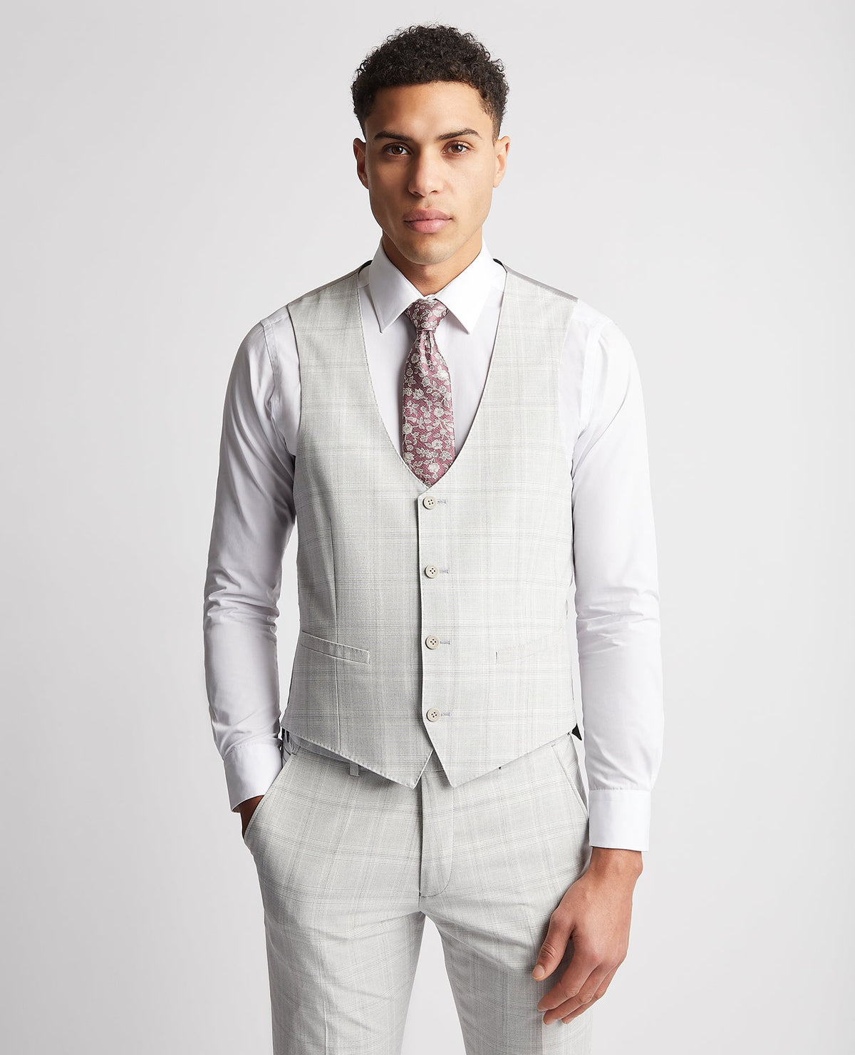 Man wearing a grey Slim Fit Checked Waistcoat