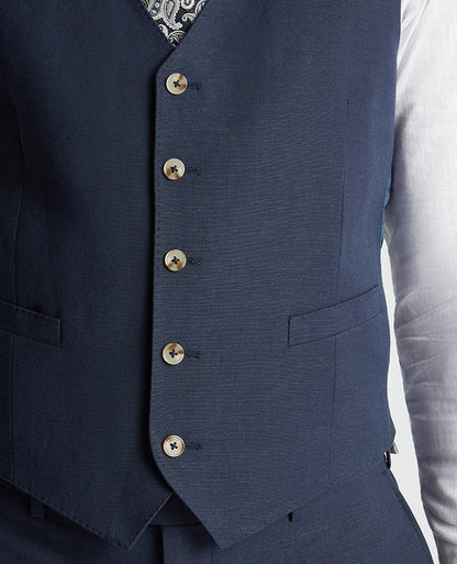 Man wearing a blue Tapered Fit Linen-Blend Waistcoat