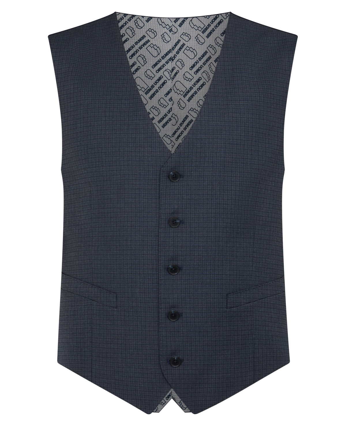 Man wearing a blue Slim Fit Checked Stretch Waistcoat