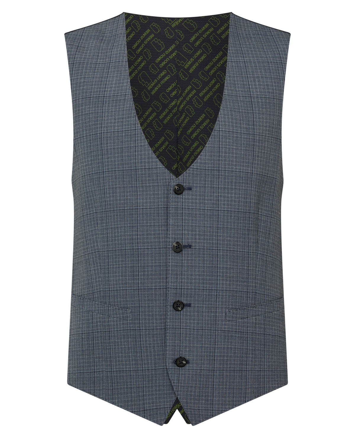 Man wearing a blue Slim Fit Checked Stretch Waistcoat