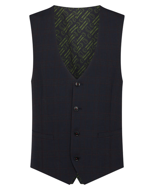 Man wearing a navy Slim FIt checked Stretch Waistcoat