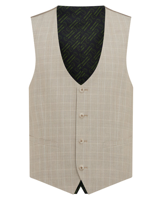 Man wearing a sand Slim fit checked polyviscose stretch waistcoat