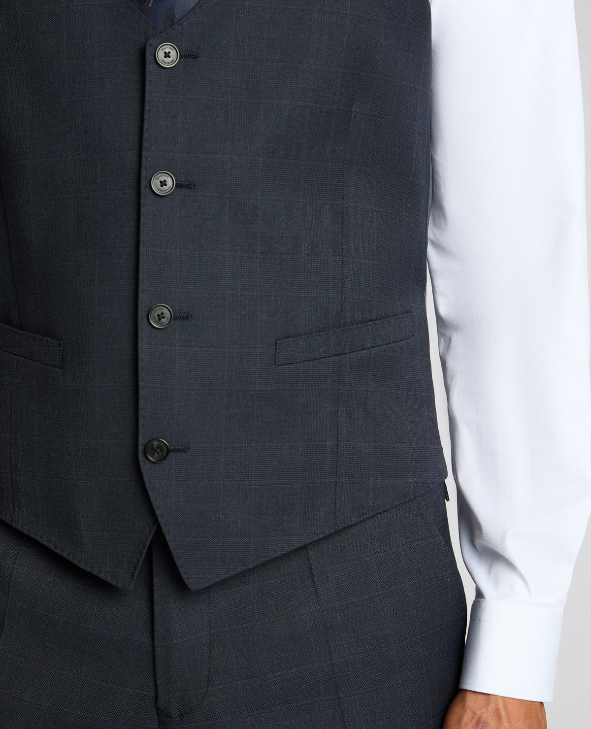 Man wearing a navy Slim Fit Stretch Waistcoat