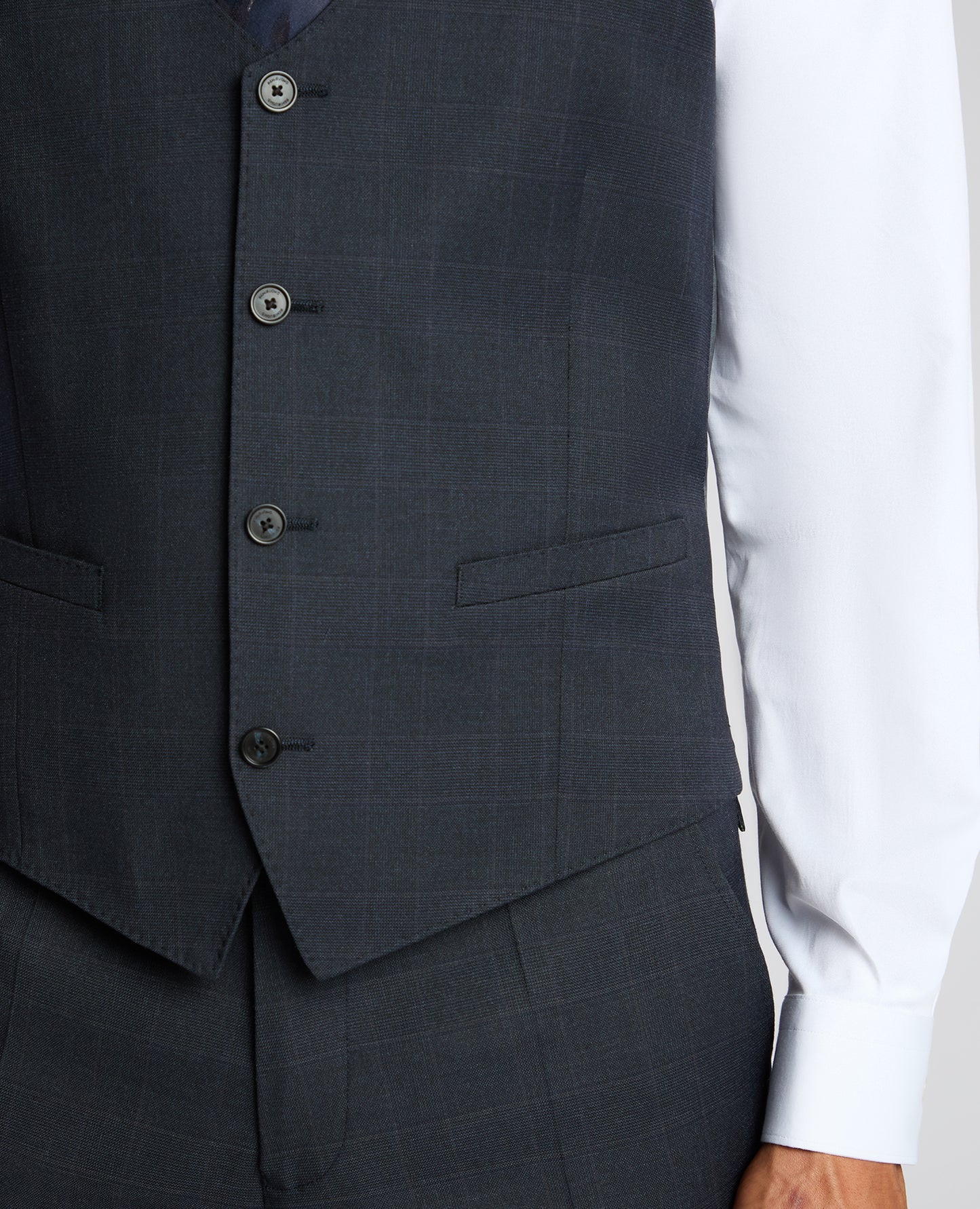 Man wearing a navy Slim Fit Stretch Waistcoat