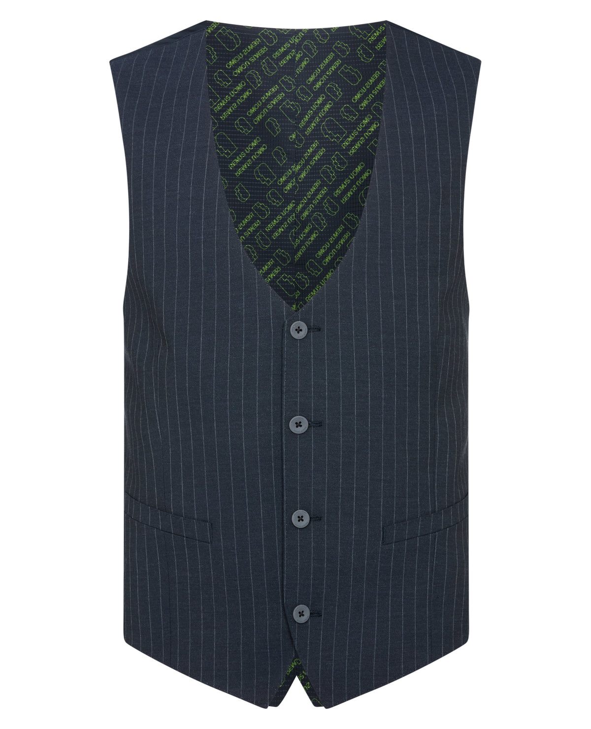 Man wearing a navy Slim Fit Stripe Waistcoat