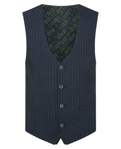 Man wearing a navy Slim Fit Stripe Waistcoat