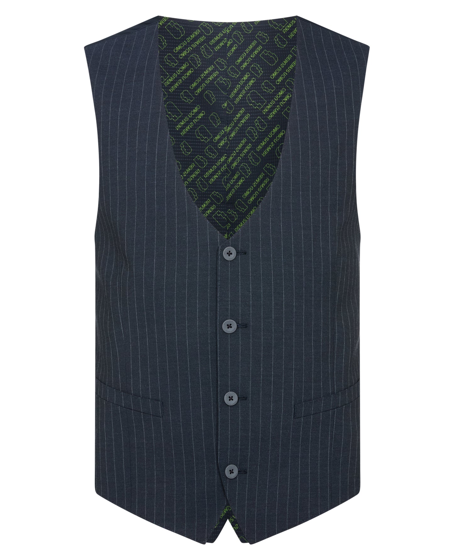 Man wearing a navy Slim Fit Stripe Waistcoat