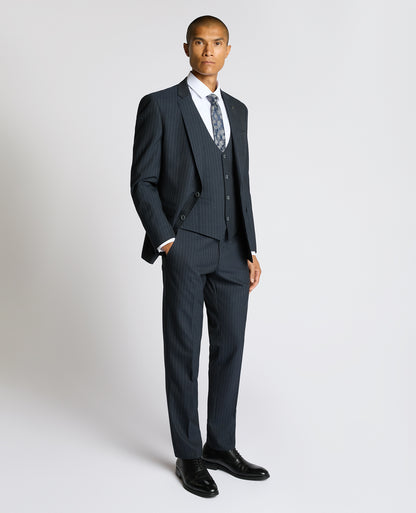 Man wearing a navy Slim Fit Stripe Waistcoat