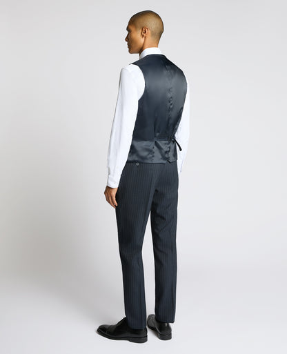 Man wearing a navy Slim Fit Stripe Waistcoat