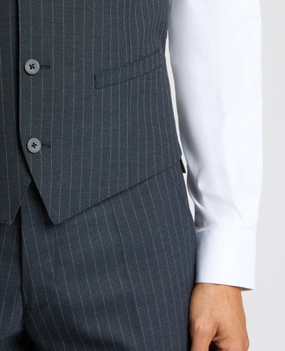 Man wearing a navy Slim Fit Stripe Waistcoat