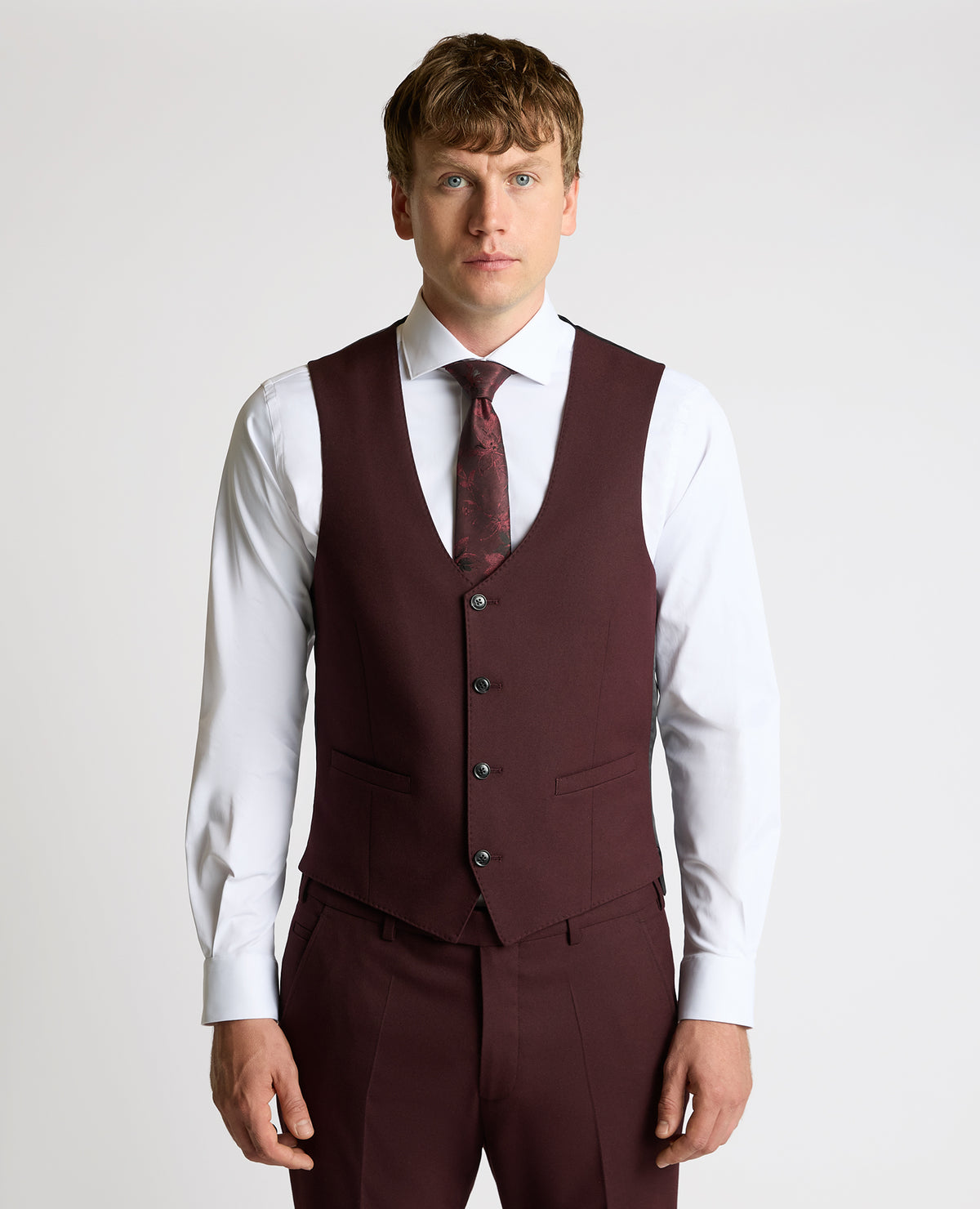 Man wearing a red Slim Fit Stretch Waistcoat