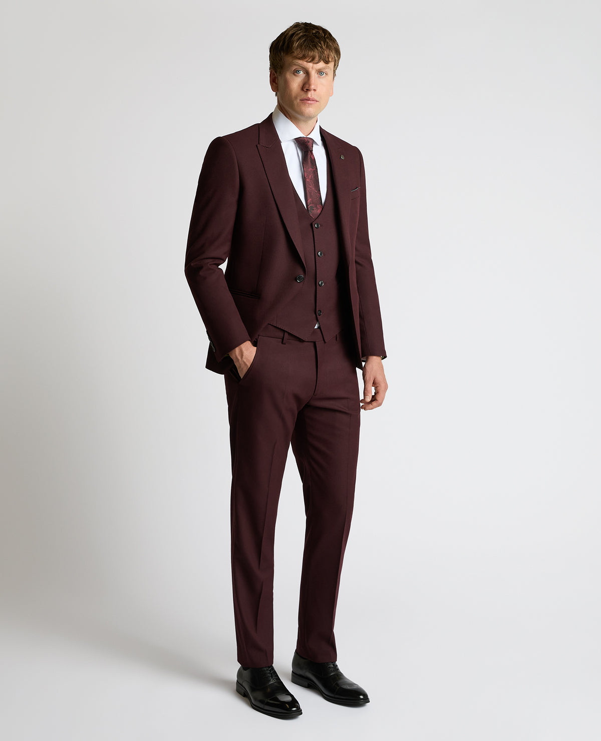 Man wearing a red Slim Fit Stretch Waistcoat