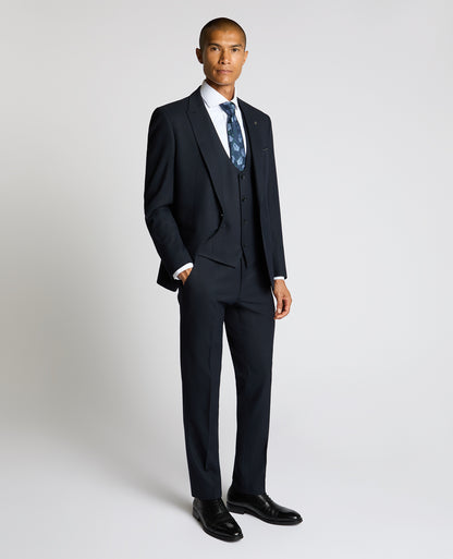Man wearing a navy Slim Fit Stretch Waistcoat