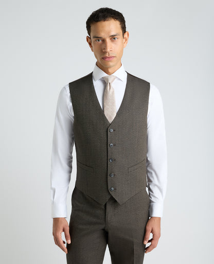 Dark Brown Tapered Fit Herringbone Stretch Waistcoat