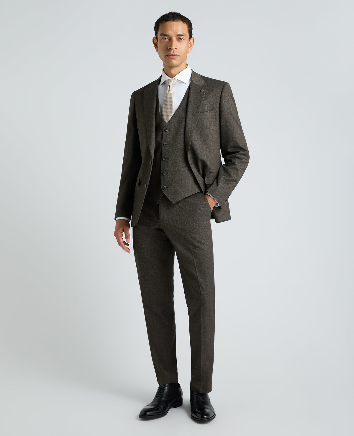 Dark Brown Tapered Fit Herringbone Stretch Waistcoat