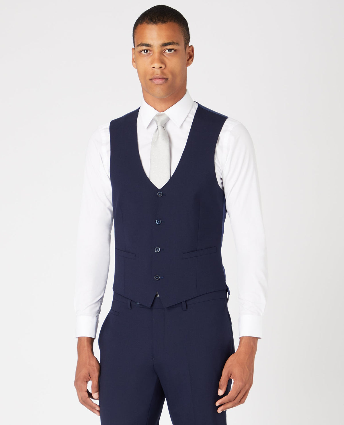 Man wearing a navy Slim Fit Wool-Rich Mix and Match Waistcoat