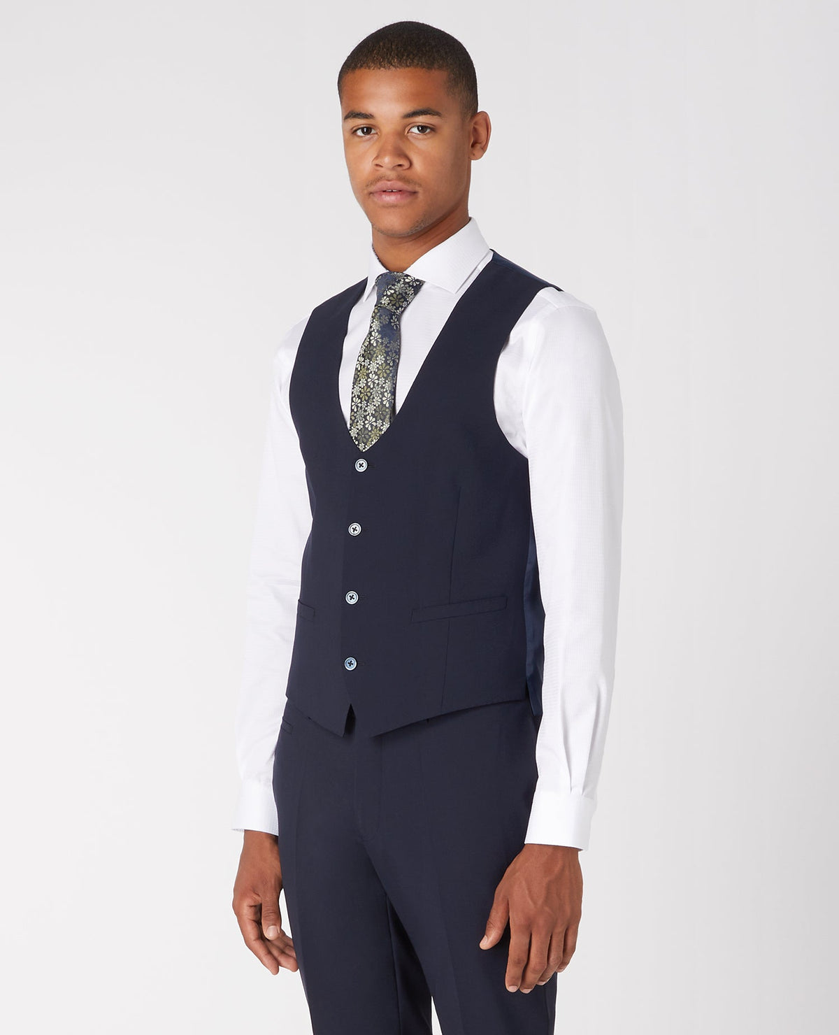 Man wearing a navy Slim Fit Wool-Rich Mix and Match Waistcoat